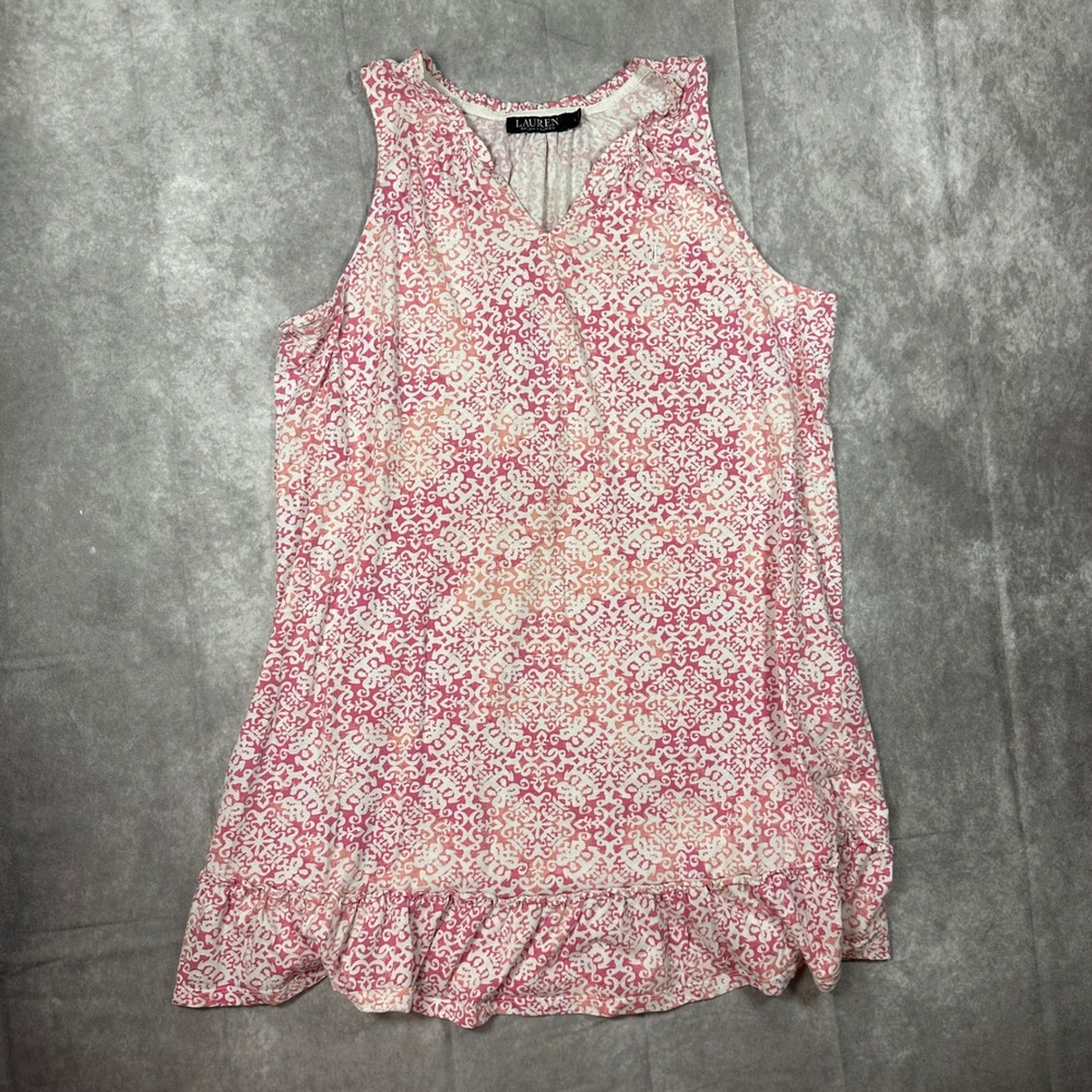 Lauren Ralph Lauren Pink Orange Ruffle Hem Tank Damask Print Boho Summer Top L